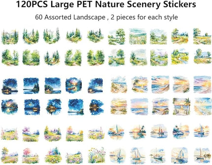 120PCS Large PET Nature Scenery Stickers for Journaling, 2.76 x 2.76 inches, 6 Assorted Landscape Scrapbook Stickers for Scrapbooking, Craft Art, Bujo, Junk Journal Supplies, Collage Decorative