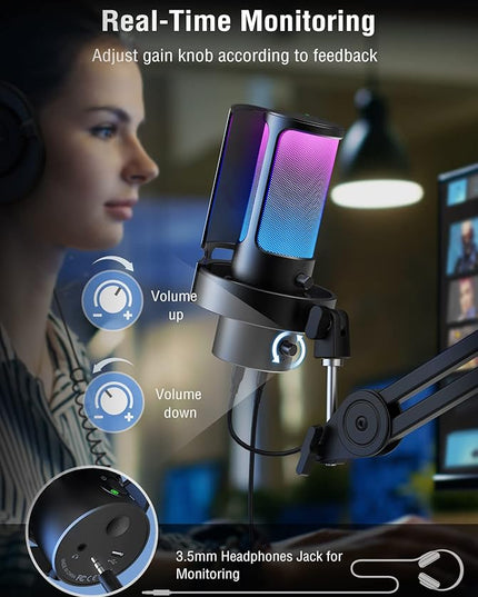 FIFINE Gaming USB Microphone, PC Computer Mic with 4 Polar Patterns for Podcast Streaming Recording YouTube, RGB Condenser Desktop Mic for Windows, Mac, with Headphone Jack-AmpliGame A8 Plus