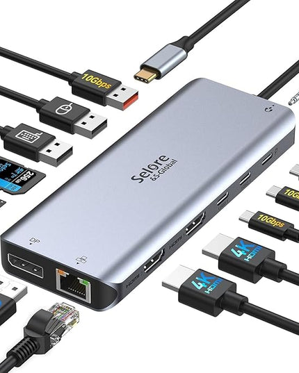 Selore USB C Docking Station Dual Monitor - 13-in-1 Triple Display 3 Monitors with Dual HDMI, DP, 100W PD, Gigabit Ethernet, 10Gbps USB A/C Ports -Laptop Docking Stations for Dell, HP, Lenovo, MacBook