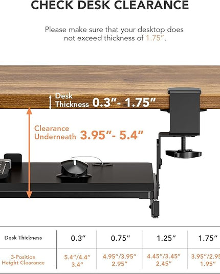 Hemudu Keyboard Tray Under Desk Pull Out with Extra Sturdy C Clamp Mount System, 27.3 (32.5 inch Including Clamps) x 11 Inch Slide-Out Platform Computer Drawer for Typing Black