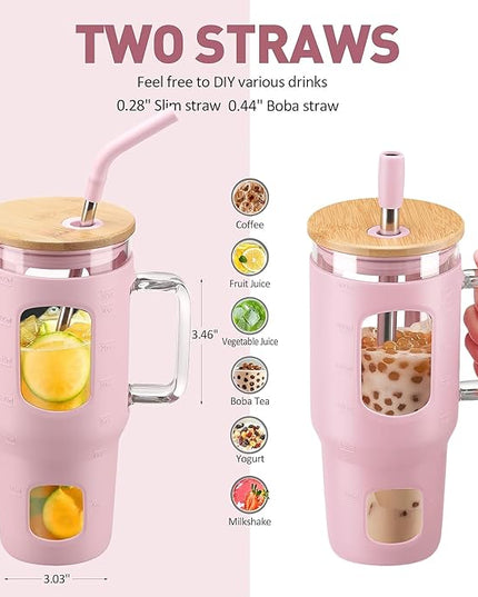Glass Tumbler with Straw and Lid, 32 oz Glass Cup with Handle, Glass Water Bottles with Time Marker, 2 Straws - Pearl Straw & Drinking Straw Silicone Protective Sleeve-Pink