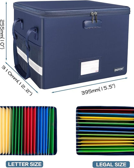 ENGPOW File Box with Lock, Fireproof Document Box with Pockets, Collapsible File Organizer Filing Storage Cabinet with Handle, Portable Home Office Safe for Hanging Letter/Legal Folders, Blue, 2 Pack
