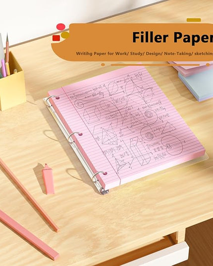Pink Loose Leaf Paper 100 Sheets Colored Filler Paper 8 * 10.5 College Ruled 3-Hole Punched Paper for 3-Ring Binders Notebook Lined 8" x 10.5"