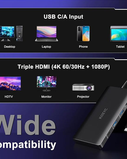 USB C Docking Station 3 Monitors Compatible with Mac/Windows, KOZYC Triple Display Docking Station with 3xHDMI(4k60Hz/30Hz+1080p), 3xUSB 3.0, SD/TF, 100W PD with HDMI Splitter Extend Display 3 Monitor