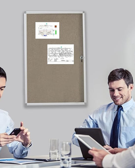 Enclosed Bulletin Board Lockable Display Case Message Board with Locking Door for Indoor, Grey Felt, Aluminum Frame, 36 X 24 in