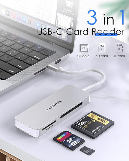 LENTION USB C to CF/SD/Micro SD Multi-Card Reader, SD 3.0 Card Adapter Compatible 2025-2016 MacBook Pro 13/15/16, 2025-2018 Mac Air/iPad Pro/Surface, More (CB-C12, Silver)