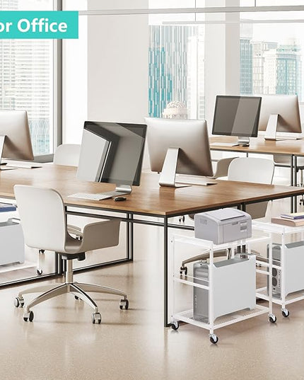 YBING Computer Tower Stand White PC Tower Stand 2 Tier CPU Holder with Wheels Metal Mobile Computer Tower Cart Rolling PC Cart Floor for Fax Home Office