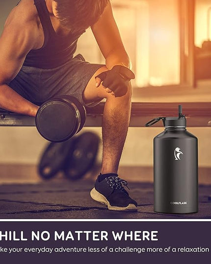 Coolflask Gallon Water Bottle Insulated with Straw&3 Lids, 128 oz Water Jug Large Stainless Steel Metal Vacuum Wide Mouth for Sports, Gym or Office, Non-BPA Keep Cold 48H Hot 24H, Magic Black