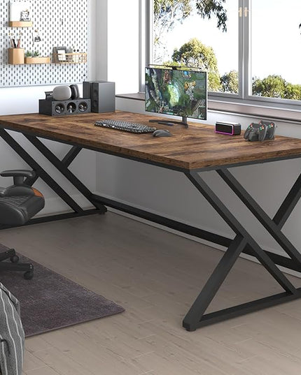 LVB 70.8" Computer Desk, Industrial Extra Long Wood Home Office Desk, Large Rustic Modern Metal Workstation Pc Study Writing table, Dual monitor Double Work Executive Desk for Two Person, Rustic Brown