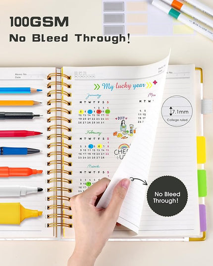 Hardcover Spiral Notebook Journal with Removable Dividers Tabs, 300 Pages Leather 5 Subject Notebook College Ruled, 8"x10" Large Notebooks for Work School Note taking, Lined Journal for Women, White