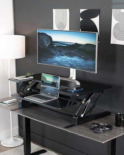 VIVO 42 inch Height Adjustable Stand Up Desk Converter, V Series, Quick Sit to Stand Tabletop Dual Monitor Riser Workstation, Black, DESK-V000VL