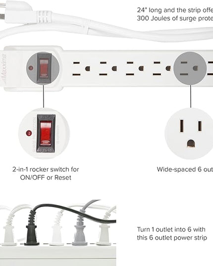 Maxxima 6 Outlet Power Strip Surge Protector - 300 Joules, Features Red On/Off Switch, 4 Pack, Powers Multiple Electronics and Devices Simultaneously, Perfect for Home Appliances - White