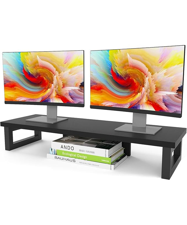 WESTREE Dual Monitor Stand Riser, Wood and Steel Monitor Stand Riser, Computer Monitor Stand for 2 Monitors, Multi-Purpose Desktop Storage Stand for Computer,Laptop,Printer,TV