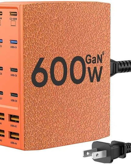 USB Charging Station (600W),12-Port USB C Charger Block with Dual 100W PD USB-C Fast Charging Station Hub for MacBook Pro/Air/All iPad Phone 17/16 15/14/13/Pro Max/Samsung Galaxy Note(Orange)