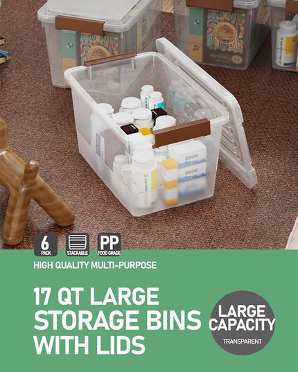 WYT 6 Pack 17qt Clear Plastic Storage Bin with Lid and Latching Buckles, Stackable Tote Organizing Box with Handle