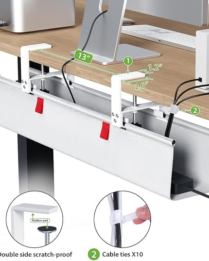 KEEGH No Drill Under Desk Cable Management Tray - 28" Cord Management Under Desk - Clamp/Screw Mount - Support Upto 70lbs - Fabric Wire Management - Gaming/PC Cable Raceways for Office/Home, White