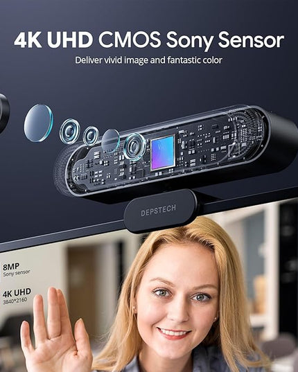 DEPSTECH 4K Webcam, Ultra HD 1/2.55'' Sony Sensor, 3X Digital Zoom, Dual Noise-Canceling Microphones, Remote Control, Auto Focus, Streaming Webcam for PC, Mac, Laptop, Video Call, Zoom, Skype, Teams