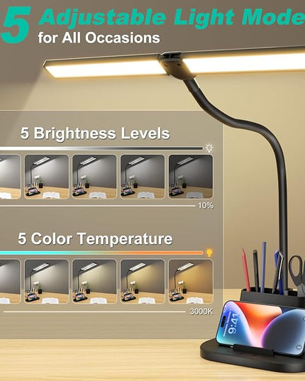 LED Desk Lamp, Eye-Caring Desk Light with Organized Base, 5 Color Modes & 5 Level Brightness, Adjustable Flexible Gooseneck Touch Lamp, Small Desk Lamp for Home Office, College Dorm Room Essentials