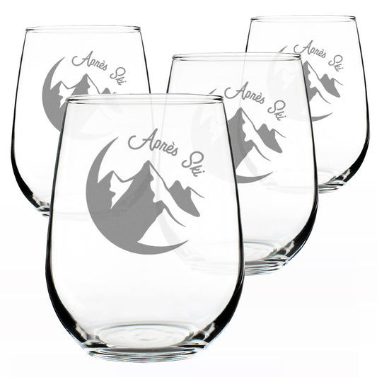 Bevvee Apres Ski Stemless Wine Glass for Skiing Gifts - 17 oz - Set of 4