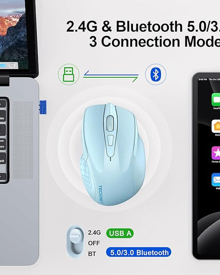 TECKNET Wireless Mouse (2.4G & BT5.0/3.0) Silent 4800 DPI Computer USB A & Bluetooth Mouse 6 Buttons, Wide Compatibility - Lightblue