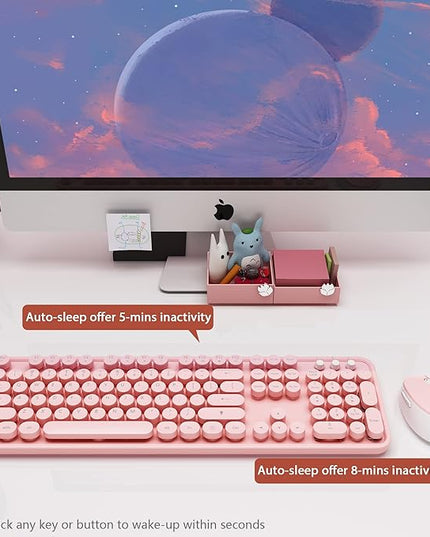 Kootop Wireless Keyboard, Cute Colorful 104 Keys Typewriter Retro Round Keycaps Keyboard for PC Laptop,Desktop,Windows, Home and Office Keyboards (Pink)