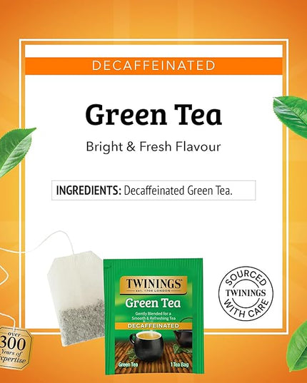 Twinings Decaffeinated Green Tea Individually Wrapped Bags, 20 Count (Pack of 1), Smooth Flavour, Enticing Aroma, Enjoy Hot or Iced, 20 Teabags