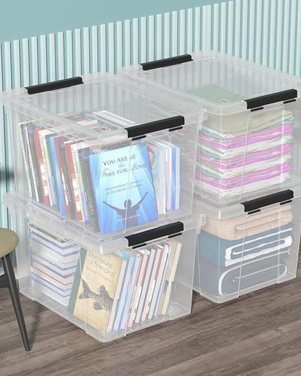 50 Quart Clear Storage Latching Bin with Lid, Large Plastic Storage Box with Wheels, 4 Packs