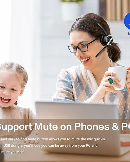 Bluetooth Headset, Wireless Headset with Microphone for PC, V5.2 Computer Headset with Noise Cancelling Mic, USB Dongle, Charging Base & Mute Button for Work, Cell Phones, Computer (Black)