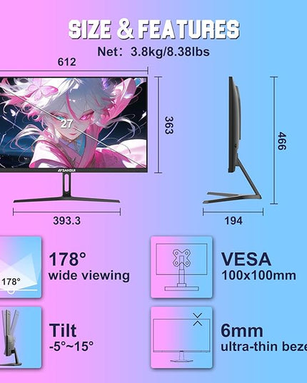 SANSUI Gaming Monitor 27" 1440p 260hz/240hz WQHD 2K - Fast IPS 1ms FreeSync Premium 丨DCI-P3 98% 丨sRGB130% 丨HDR10 丨2×DisplayPort 1.4丨2×HDMI2.0 PC Gaming Monitor with Crosshair