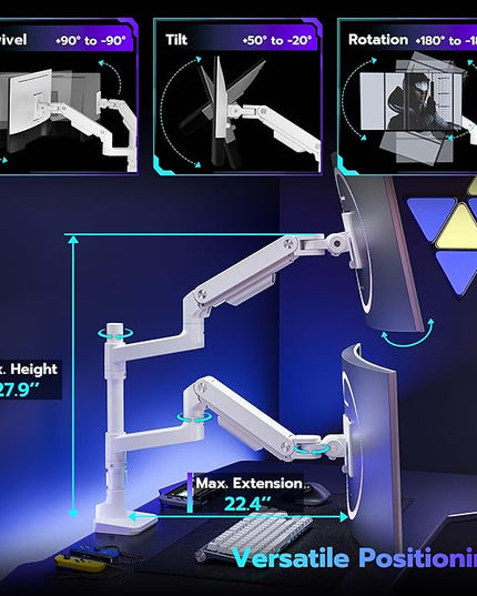 ARES WING Dual Monitor Arm Desk Mount for 17-49 Inch Ultrawide Monitors, Heavy Duty Dual Monitor Mount Holds 44 lbs, Full Motion Gas Spring Vertical Stacked Monitor Mount, 75/100 VESA Mount, White