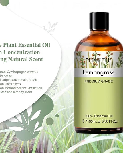 PHATOIL 100ML Lemongrass Essential Oil, 3.38FL.OZ Essential Oils for Diffuser, Humidifier, Relax, Aromatherapy, Lemongrass Oil Scented Oils for Soap, Candle Making
