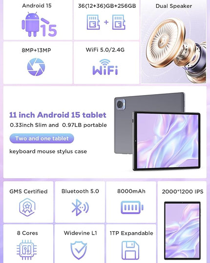 DEZLTID 2025 Tablet 10.4 inch Android 15 Tablets with Keyboard Stylus Mouse: 2K IPS Tablette (2000x1200), 36GB+256GB(1TB TF), 5G/2.4G Dual WiFi, 8-Core 1.6GHz, 8000mAh,8+13MP, Widevine L1- Gray