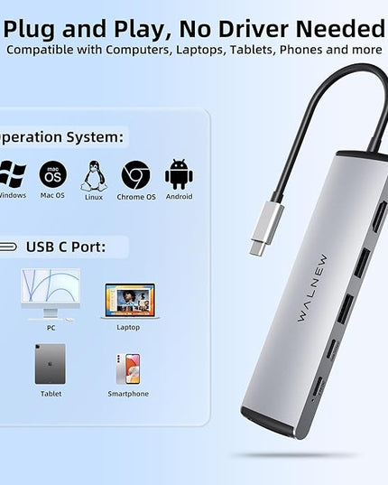 USB C Hub, WALNEW 7 in 1 USB-C Docking Station with 4K HDMI,100W PD, 3 5Gbps Data Ports(1 USBC & 2 USB 3.0),TF/SD Card Reader, USB Hub for Laptop, MacBook Pro/Air/Mac/Dell/HP/ASUS/Acer/Steam Deck