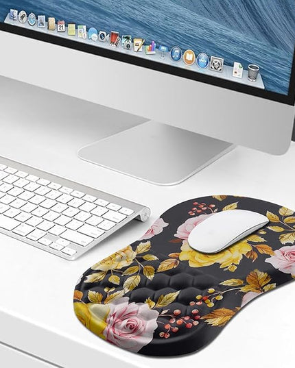 Hokafenle Ergonomic Mouse Pad Wrist Support, Wrist Rest Mousepad for Carpal Tunnel Pain Relief with Integrated Memory Foam Slope Massage Bulge (11.8x7.9 inch,Golden Powder Flower
