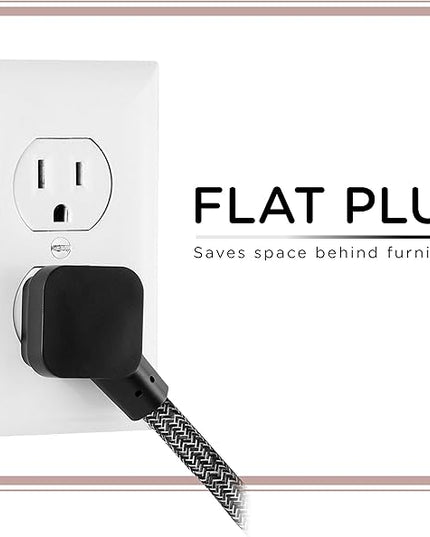 Cordinate 3-Outlet Power Strip Extension Cord with Multiple Outlets 15 Ft Braided Long Cord, Grounded Flat Plug, ETL Listed Gray 50012