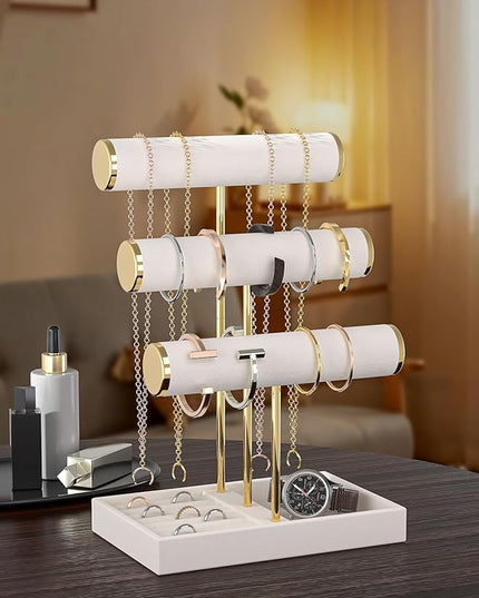 3-Tier Jewelry Bracelet Organizer Holder,Dresser Velvet Necklace Display Stand for Women,Jewelry Storage Rack for Bracelet,Necklace,Ring,Watch,Earring,Perfect Bedroom Accessory (Beige)