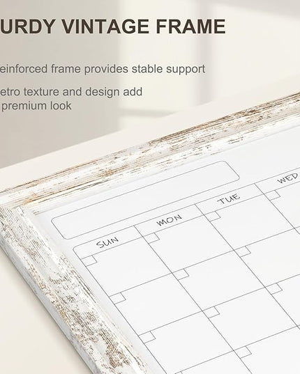 Monthly Dry Erase Calendar Whiteboard for Wall, 36" x 24" Magnetic White Board Calendar Board - Rustic Vintage Wooden Frame