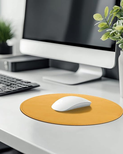Mouse Pad，Round Mouse Pad，PU Mouse Pad，Leather Mouse Pad with Stitched Edge Micro-Fiber Base with Non-Slip Waterproof，Mouse Pad for Computers，Laptop，9 x 9 Inch (Light Yellow)