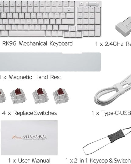 RK ROYAL KLUDGE RK96 90% Triple Mode BT5.0/2.4G/USB-C Hot Swappable Mechanical Keyboard with Magnetic Wrist Rest, 96 Keys Wireless Gaming Keyboard with Software, Blue Backlight