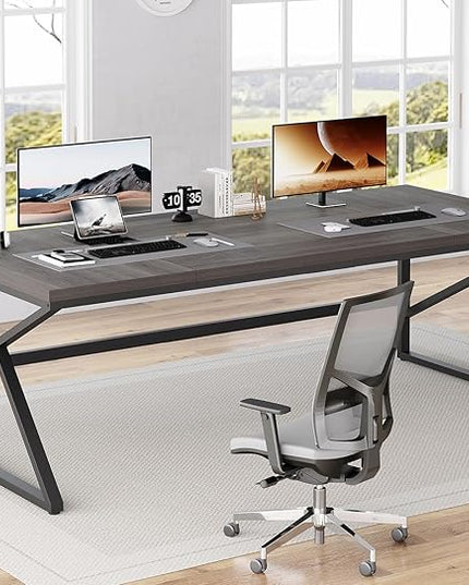HSH Extra Long Home Office Desk, Industrial Metal Wood Computer Desk, Large PC Laptop Table for Two Person Executive Writing Work Study Gaming, Bedroom Living Room Dual Monitor Desk, Dark Gray,78 Inch