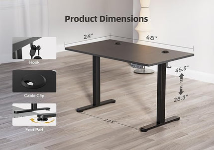 YDN Electric Standing Desk Adjustable Height, 48 x 24 Inches Stand up Desk with Cable Management, Home Office Desks with Splice Board & Black Frame, Black Top