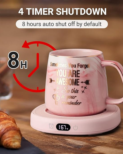 Coffee Mug Warmer & You are Awesome Mug Set, Electric Cup Warmer for Desk, Beverage Warmer with 4 Temperature Setting, 8-Hours Auto Shut Off