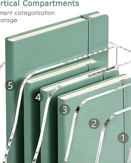 YUXUN Clear Acrylic File Folder Holder - 5 Vertical Compartments Desk Document Sorter, Upright Magazine Rack for Office/Home/Classroom, Stores Documents, Tablets, Magazines, Books & Accessories