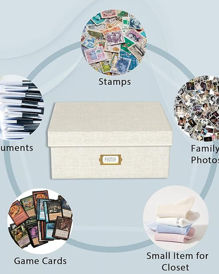 Decorative Photo Storage Box - Linen Photo Box Organizer with Dividers, Fits Holds Up to 1700 Pictures and 4x6 Photos, Memory Keepsake Organizer for Photos, Scrapbook Supplies, Cards, Stamps (Beige)