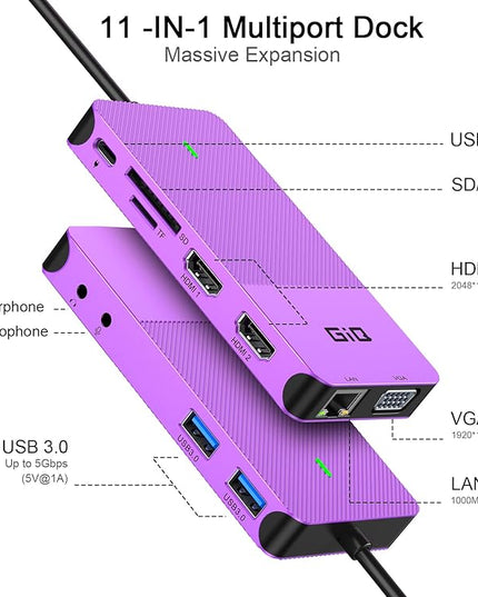 USB Docking Station GIQ USB C HUB USB 3.0 to Dual HDMI VGA Adapter Triple Display USB C Laptop Docking Station Dual Monitor HDMI Splitter Extender Compatible with MacBook M1 M2 USB Dock-Purple