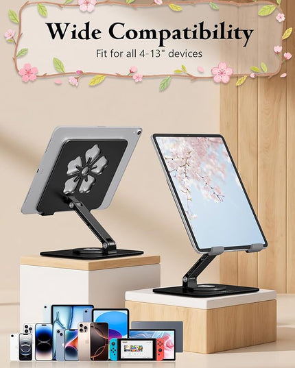 Tablet Stand for iPad, 360° Rotating Aluminum Foldable Holder – Adjustable Desk Stand | Fits iPad Pro 12.9/11,Samsung Galaxy Tab – Portable for Home, Office & Travel,Black