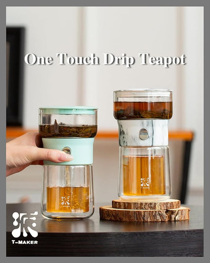 ZENS Modern Small Glass Infuser Teapot, Magic One Touch Drip Tea Pot Infusers for Loose Tea Diffuser, Cool Herbal Teapot with 200ml insulated Cup and Portable Gray Tea Kits for Tea Lovers Gifts