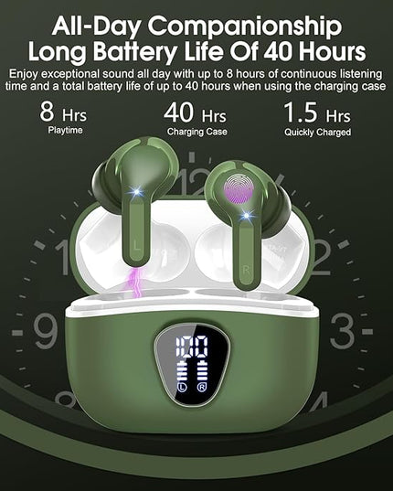 Wireless Earbuds, Bluetooth 5.4 Headphones HiFi Stereo, Bluetooth Earbuds with ENC Noise Cancelling Mic, IP7 Waterproof in Ear Earphones, 48H, LED Display Ear buds for Pad Phones Workout Sports, Green