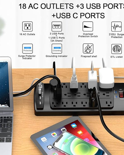18 Outlets Surge Protector Power Strip - 20 Feet Flat Plug Heavy Duty Extension Cord with 18 Widely Outlets and 4 USB Ports, 2100 Joules, Black, ETL Listed