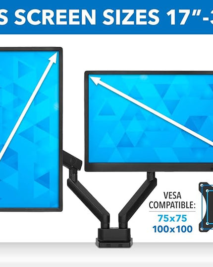 Mount-It! Dual Monitor Arm Mount Desk Stand | Premium Quality | Articulating Mechanical Spring Height Adjustable | Fits Two 24 27 29 30 32 Inch VESA 75 100 Compatible Screens | C-Clamp and Grommet